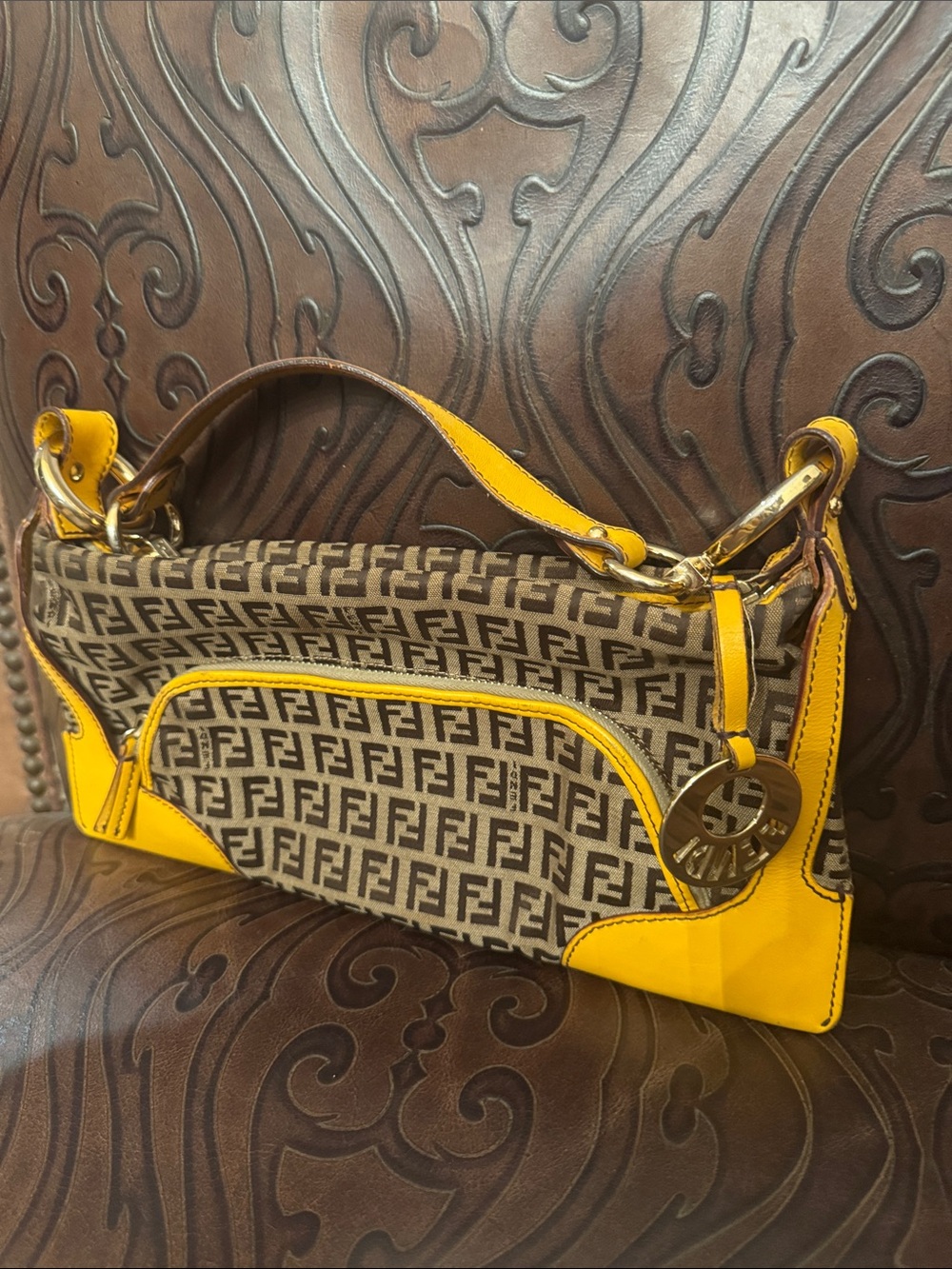 Fendi Brown Monogram Shoulder Bag with Yellow Trim